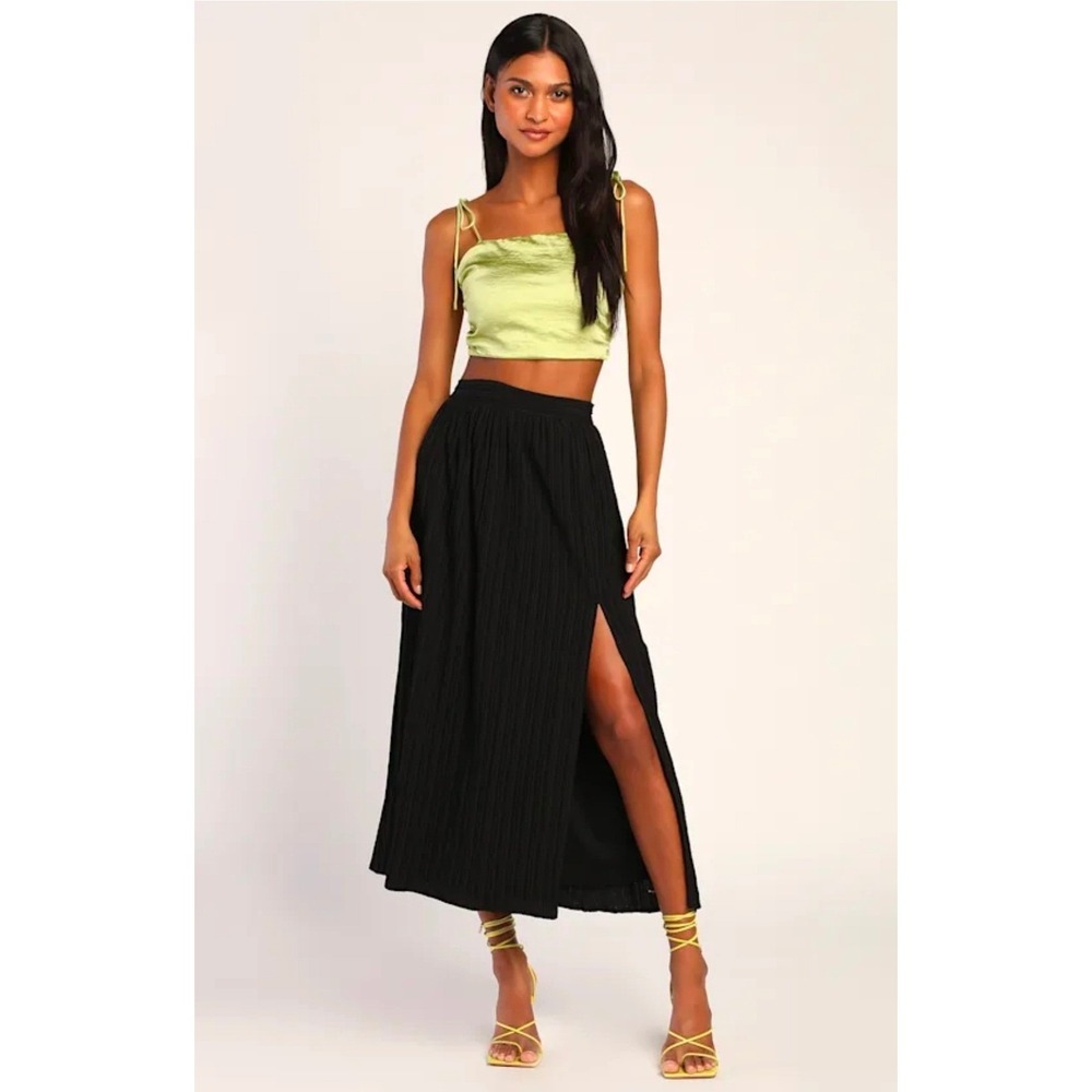 Lulus Women L Black Midsummer Memories Mid Rise Maxi Skirt Crinkled  Summer Chic